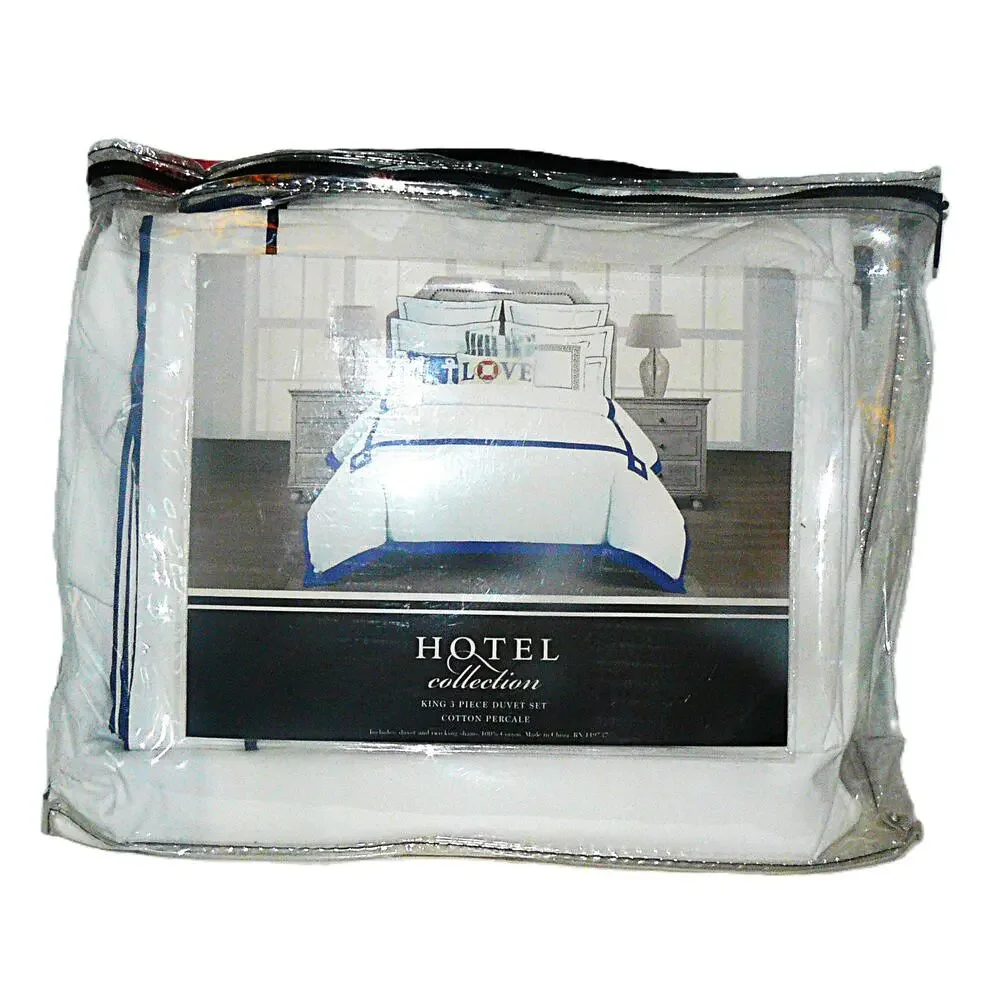 Hotel Collection King 3-Piece Duvet Cover 2 Shams 100% Cotton White Navy